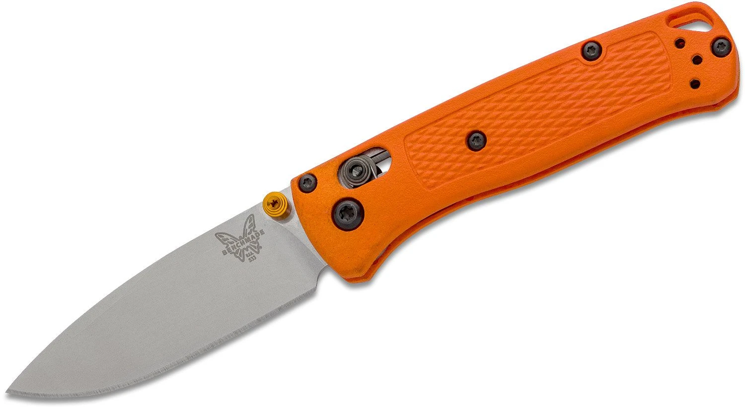 BENCHMADE 533 MINI BUGOUT S30V ORANGE GRIVORY HANDLE AXIS LOCK FOLDING KNIFE. 3 BENCHMADE 533 MINI BUGOUT S30V ORANGE GRIVORY HANDLE AXIS LOCK FOLDING KNIFE.