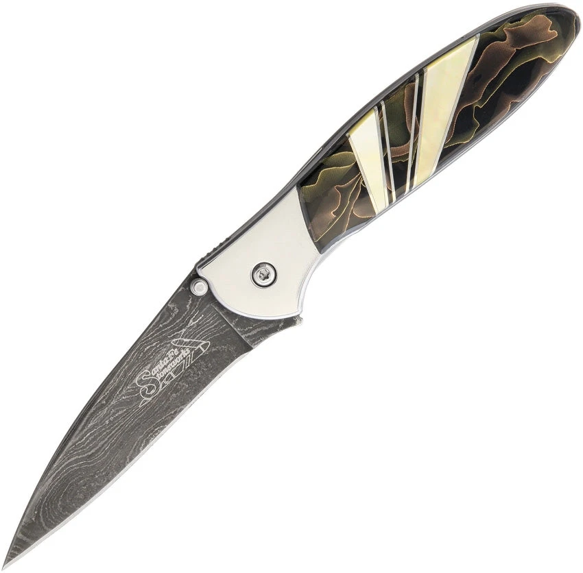 SANTA FE STONEWORKS 1660DNBB CUSTOM NOBLE LEEK DAMASCUS FOLDING KNIFE. 3 SANTA FE STONEWORKS 1660DNBB CUSTOM NOBLE LEEK DAMASCUS FOLDING KNIFE.
