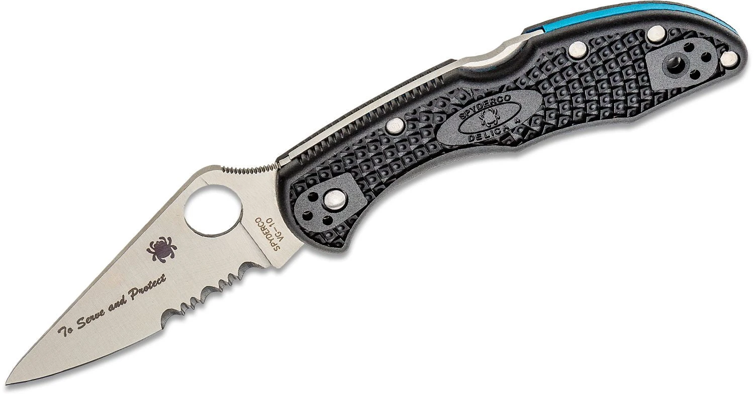 SPYDERCO C11FPSBKBL DELICA BLACK FRN VG10 THIN BLUE LINE COMBO FOLDING KNIFE. 3 SPYDERCO C11FPSBKBL DELICA BLACK FRN VG10 THIN BLUE LINE COMBO FOLDING KNIFE.