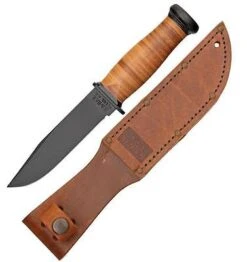 KABAR 2225 MARK I KNIFE PLAIN EDGE LEATHER HANDLE AND SHEATH FIXED BLADE KNIFE.